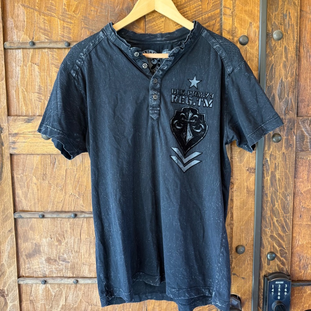Affliction Live Fast Mens Velvet Black Acid Wash Henley Shirt Eagle Graphic Lg